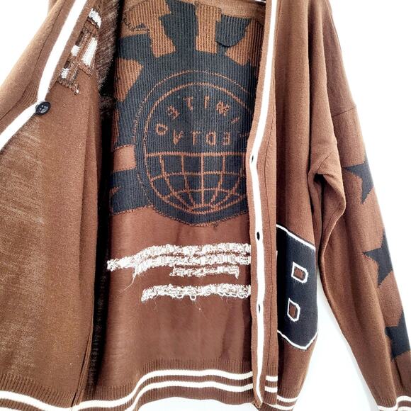 boohoo Man Limited Edition Brown Letterman Button Down Cardigan Sweater Size  XS - Picture 5 of 9